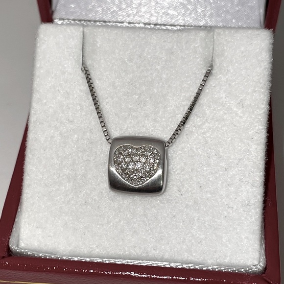 Solid Stamped 18K (not 14K ) White Gold Diamond Pave Modern Heart Necklace - Picture 1 of 16